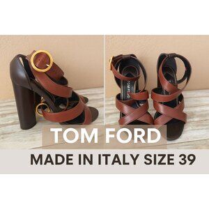 Tom Ford Brown Leather Strappy Block Heel Sandals Sz 39 Made in Italy